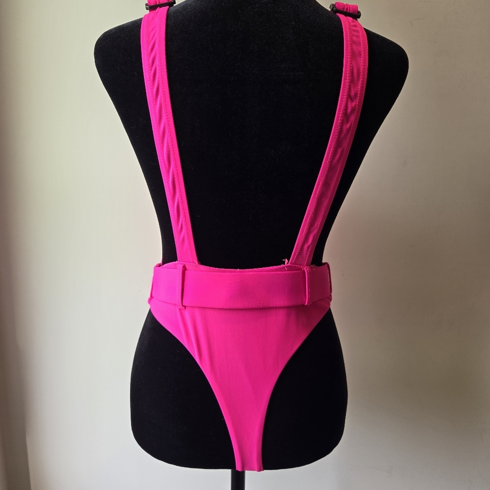Ree Bees Women's Neon Pink Belted Buckle Straps High Thigh Swimsuit Medium